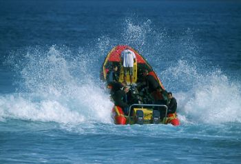 divers launching through the surf at Aliwal Shoal , South... by Greg Grant 